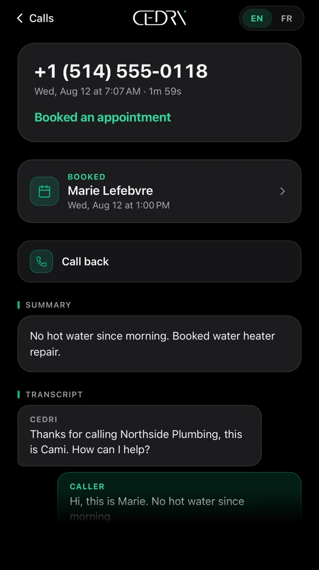 Cedri call detail screen: the caller's number, the appointment the AI booked, a plain-language summary of what they wanted, and the transcript of the call.