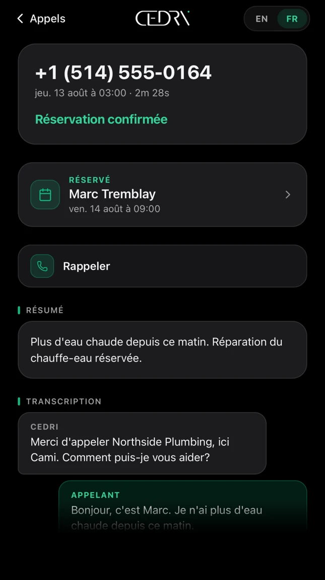 Écran de détail d'un appel Cedri : le numéro de l'appelant, le rendez-vous pris par l'IA, un résumé en langage clair de sa demande et la transcription de l'appel.